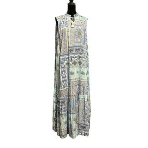 Chico's Maxi Dress Women's Size 2 Modern Tile Print Peasant Blue